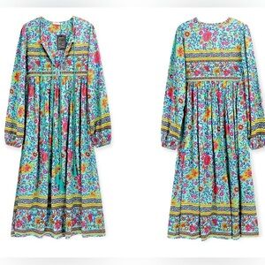 R. VIVIMOS Long Sleeve Boho Floral Print Midi Dress XS